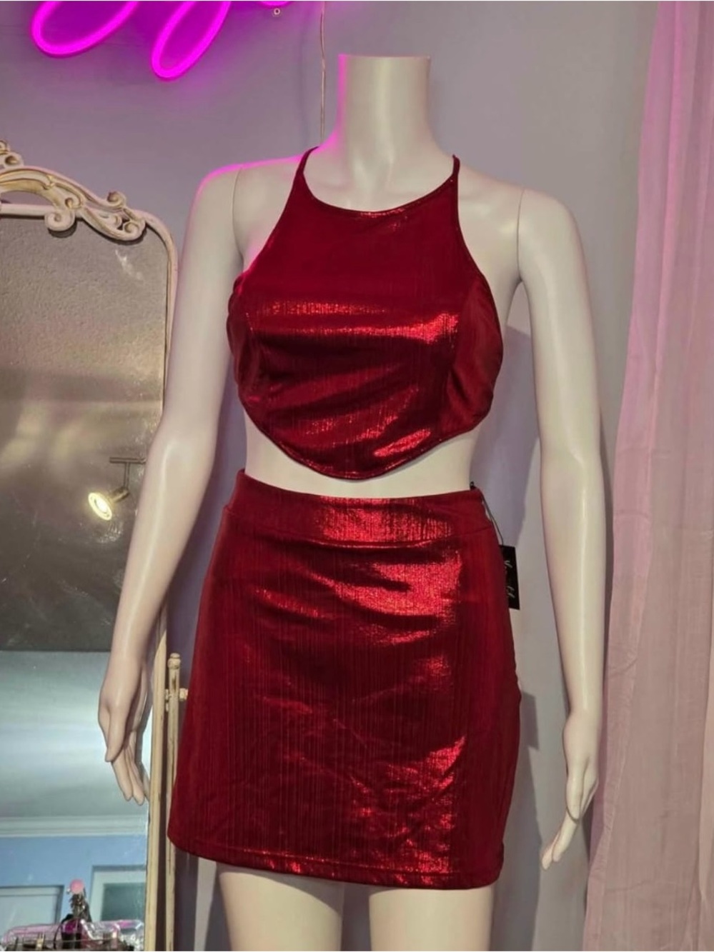 Red Metallic Mini Skirt Set
